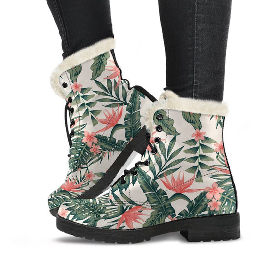 Blossom Tropical Leaves Faux Fur Leather Boots for the Hippie Soul - 1