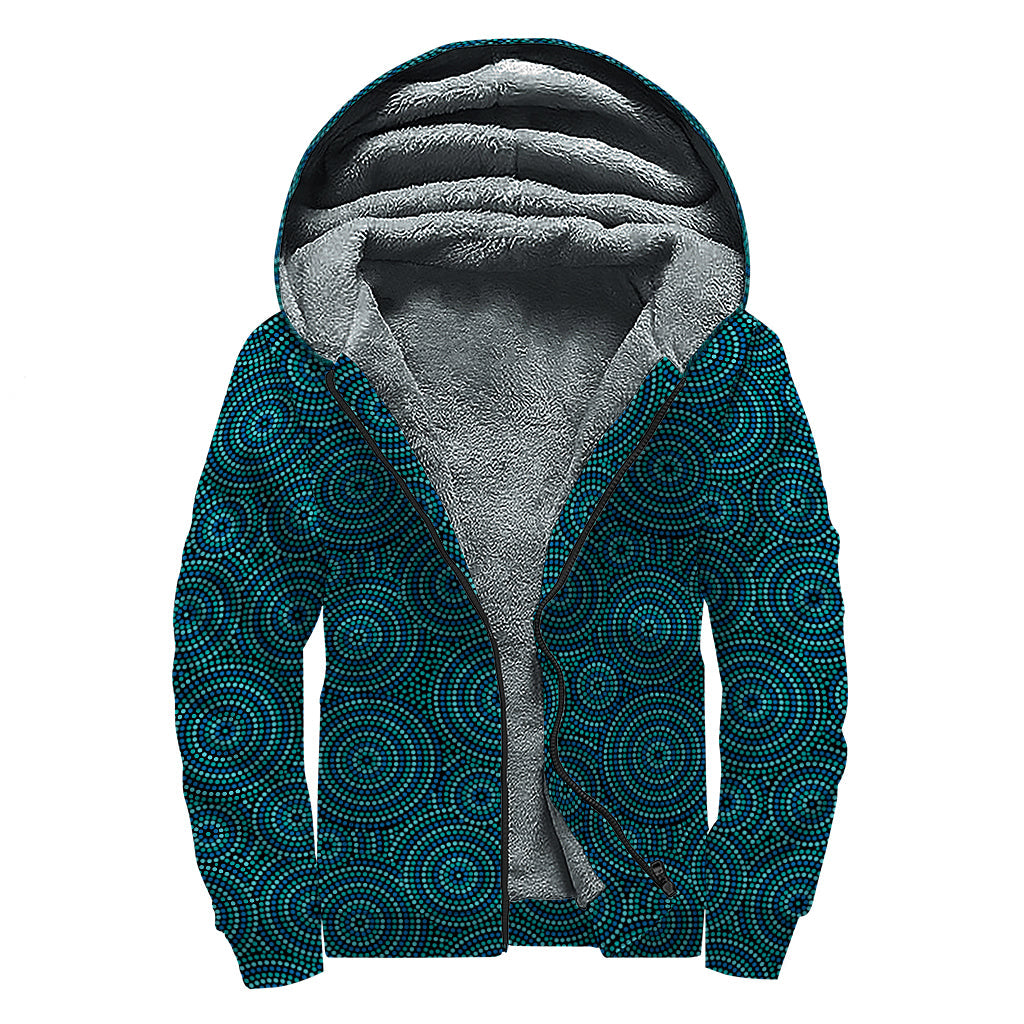 Boho Bliss: Blue Aboriginal Dot Pattern Sherpa Lined Zip Up Hoodie - 1