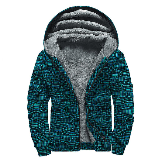 Boho Bliss: Blue Aboriginal Dot Pattern Sherpa Lined Zip Up Hoodie - 1