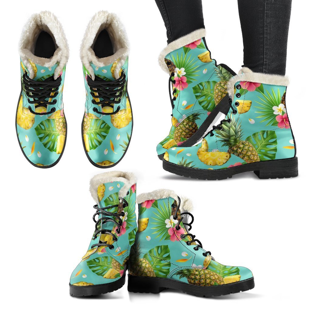 Blue Aloha Pineapple Pattern Faux Fur Leather Boots for Peaceful Hippies - 2