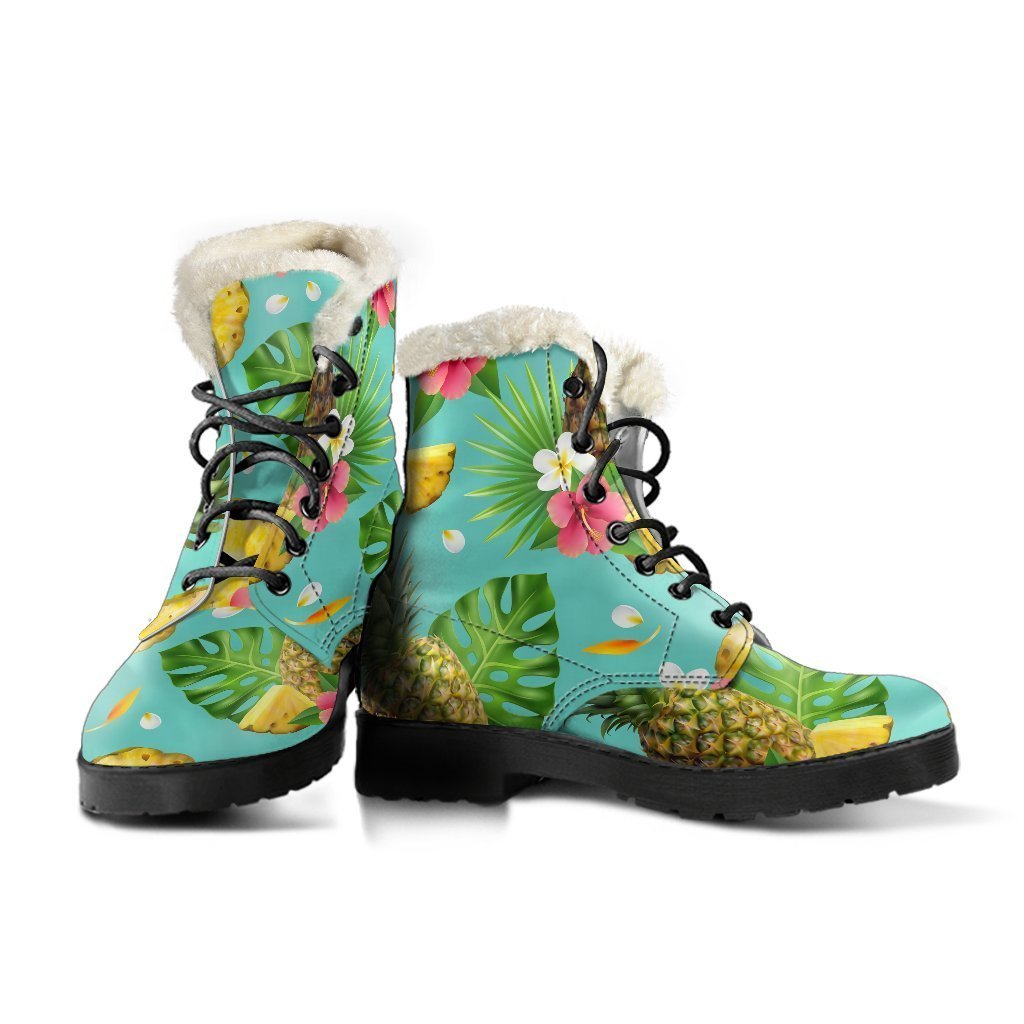 Blue Aloha Pineapple Pattern Faux Fur Leather Boots for Peaceful Hippies - 3