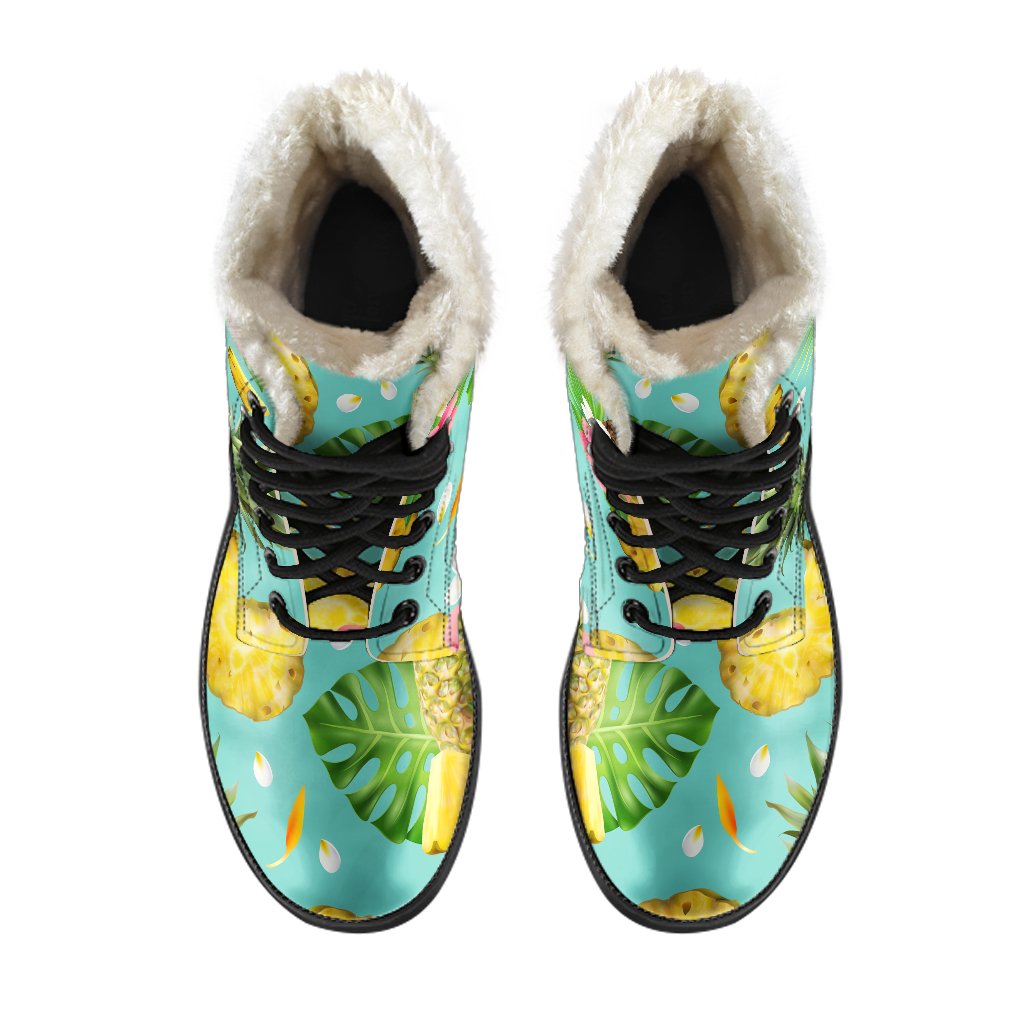 Blue Aloha Pineapple Pattern Faux Fur Leather Boots for Peaceful Hippies - 4