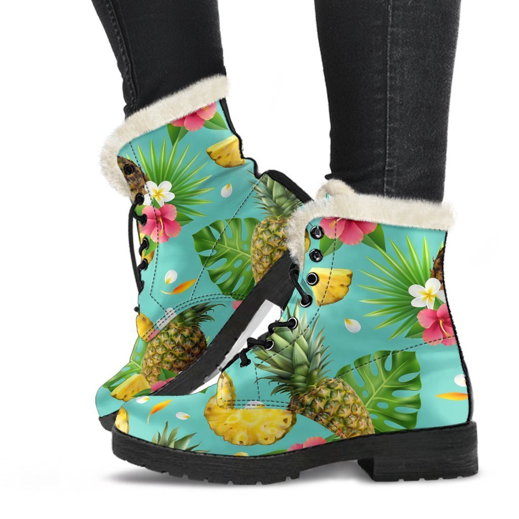 Blue Aloha Pineapple Pattern Faux Fur Leather Boots for Peaceful Hippies - 1