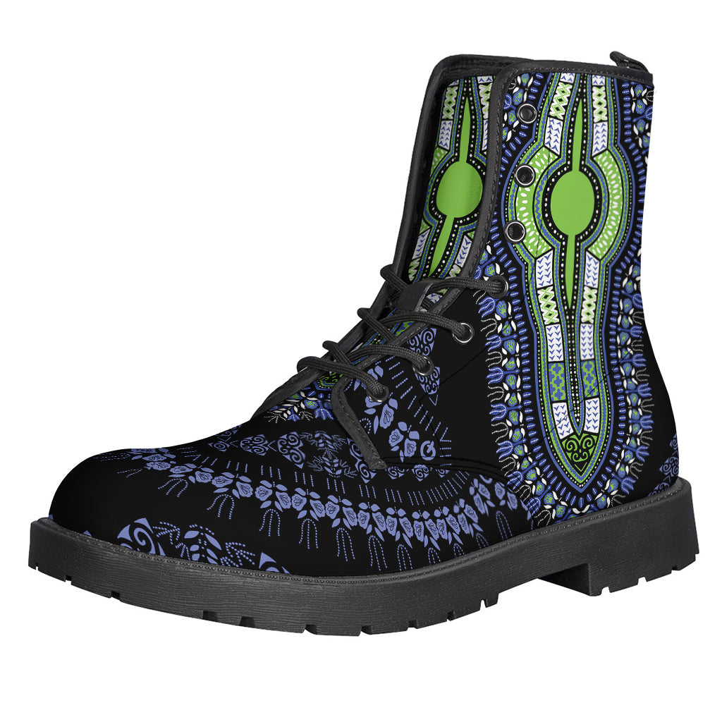 Boho Chic: Blue and Black African Dashiki Print Leather Lightweight Boots for Modern Hippies - 1