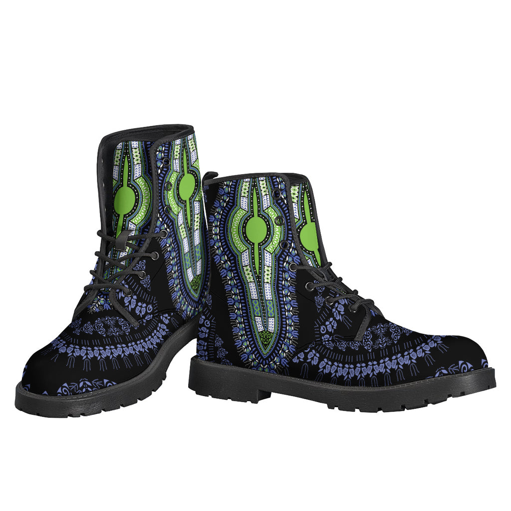 Boho Chic: Blue and Black African Dashiki Print Leather Lightweight Boots for Modern Hippies - 3