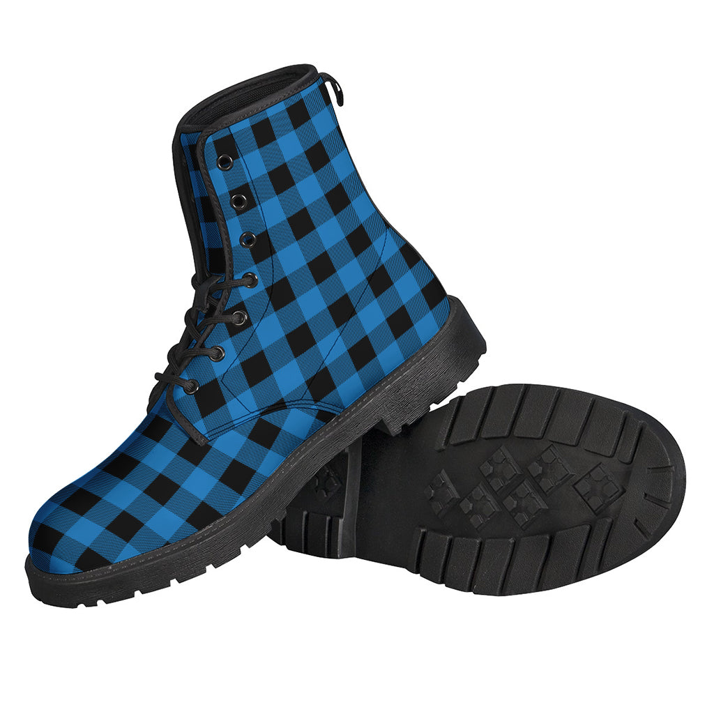 Boho Chic: Blue and Black Buffalo Check Leather Boots for Hippies - 2