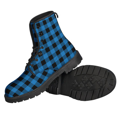 Boho Chic: Blue and Black Buffalo Check Leather Boots for Hippies - 2