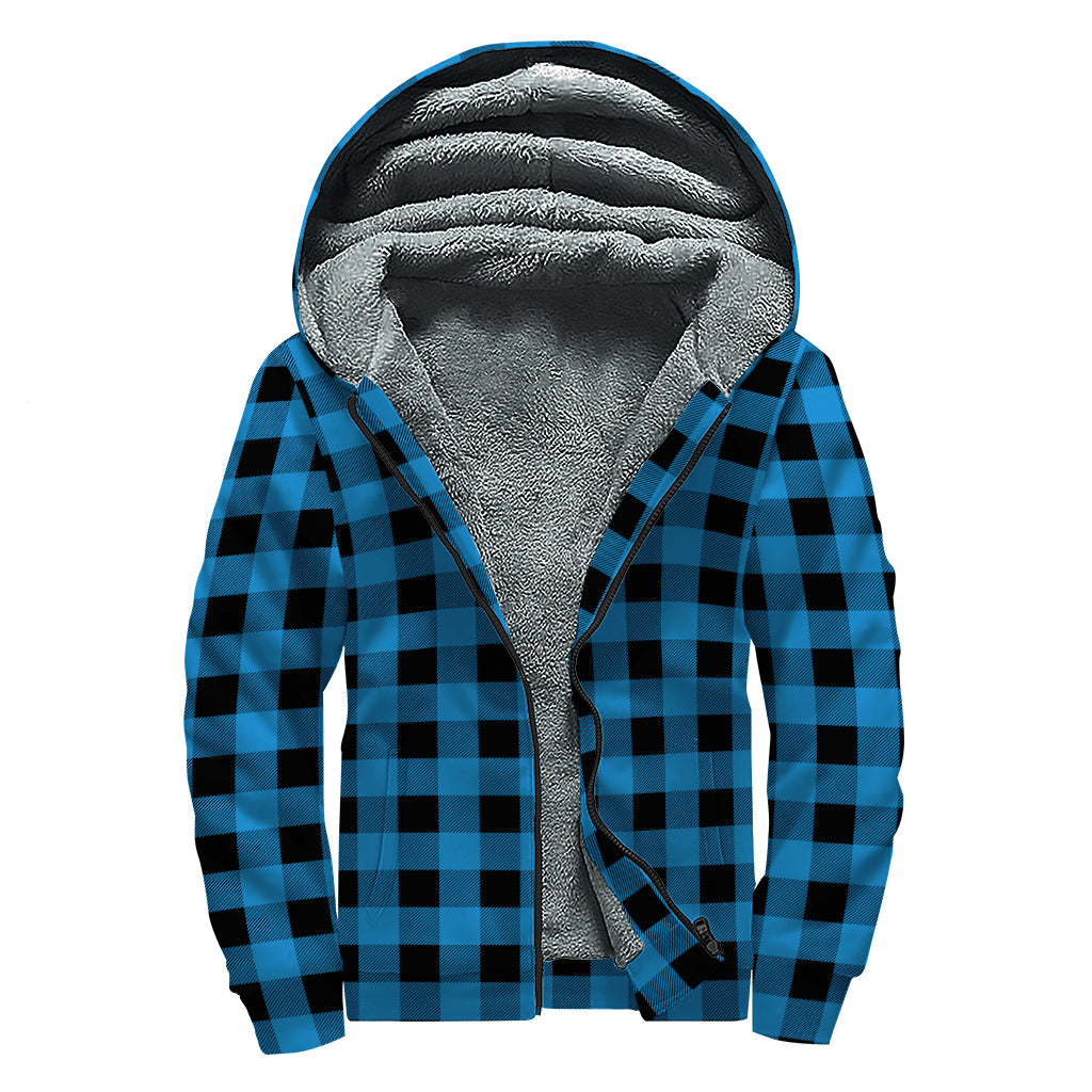 Blue and Black Buffalo Check Print Sherpa Lined Hippie Zip Up Hoodie - 1