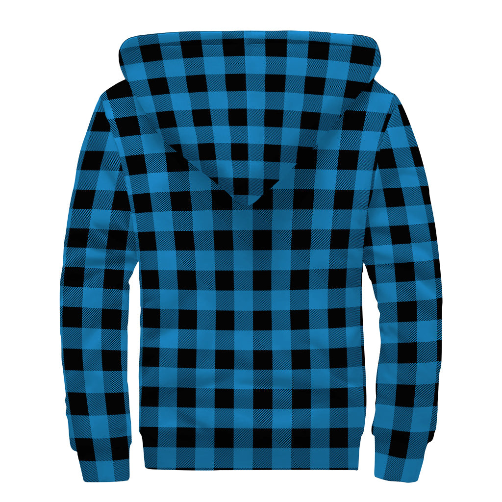 Blue and Black Buffalo Check Print Sherpa Lined Hippie Zip Up Hoodie - 2