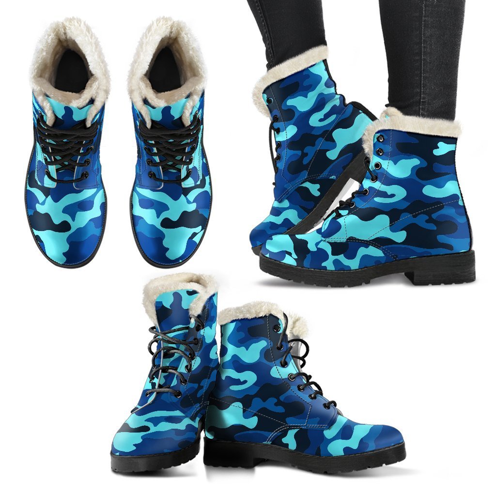 Boho Chic Vibes: Blue and Black Camouflage Print Faux Fur Leather Boots - 2