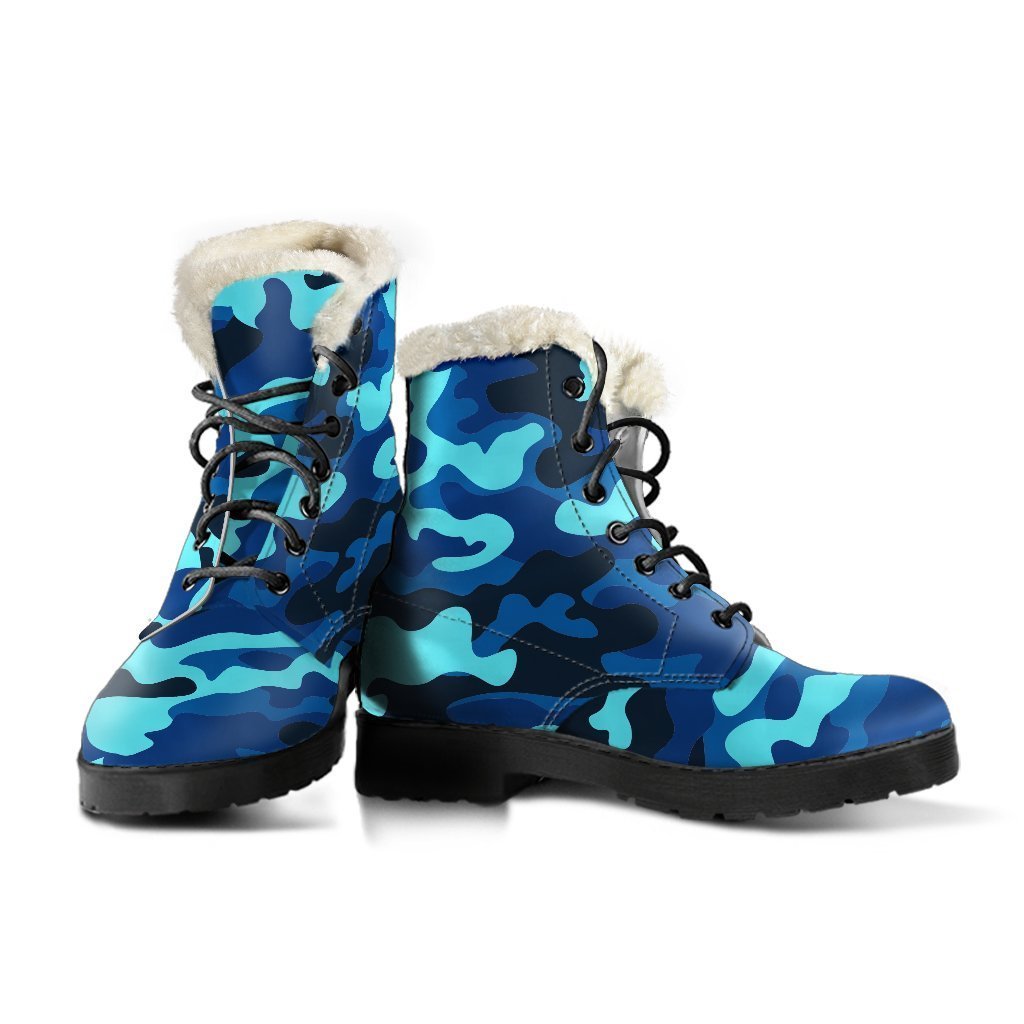 Boho Chic Vibes: Blue and Black Camouflage Print Faux Fur Leather Boots - 3