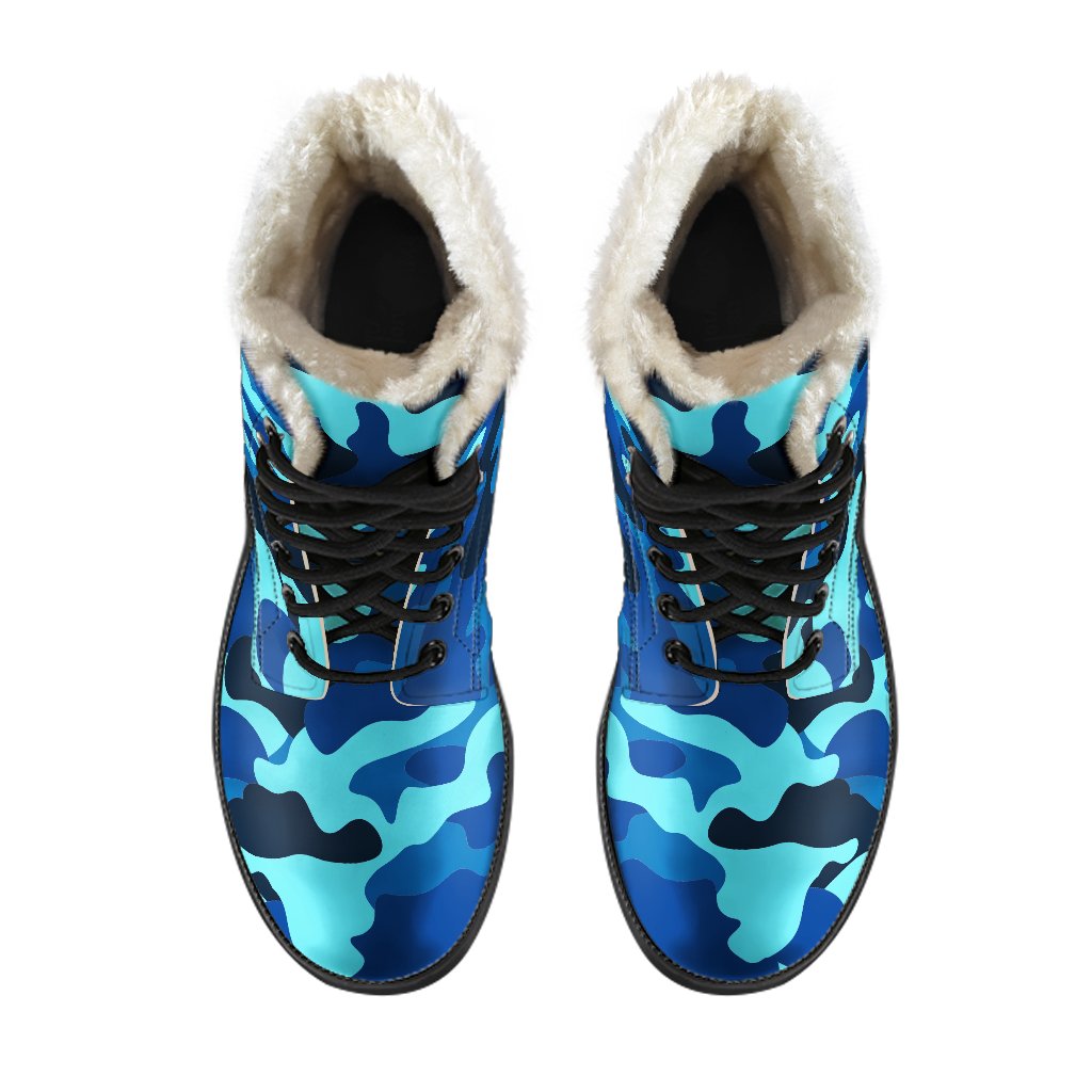 Boho Chic Vibes: Blue and Black Camouflage Print Faux Fur Leather Boots - 4