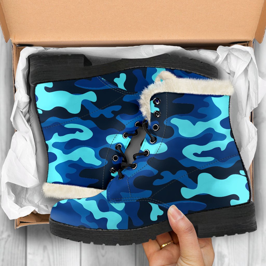 Boho Chic Vibes: Blue and Black Camouflage Print Faux Fur Leather Boots - 5