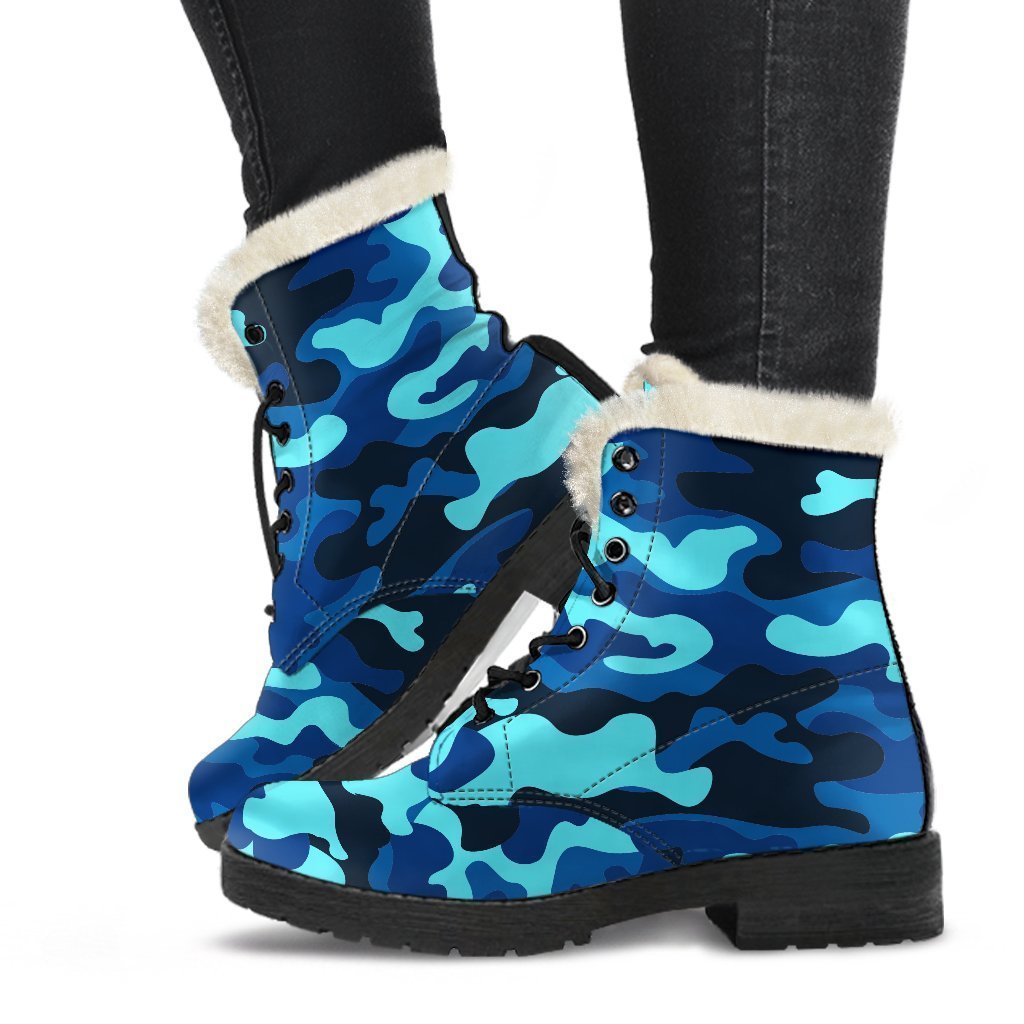 Boho Chic Vibes: Blue and Black Camouflage Print Faux Fur Leather Boots - 1