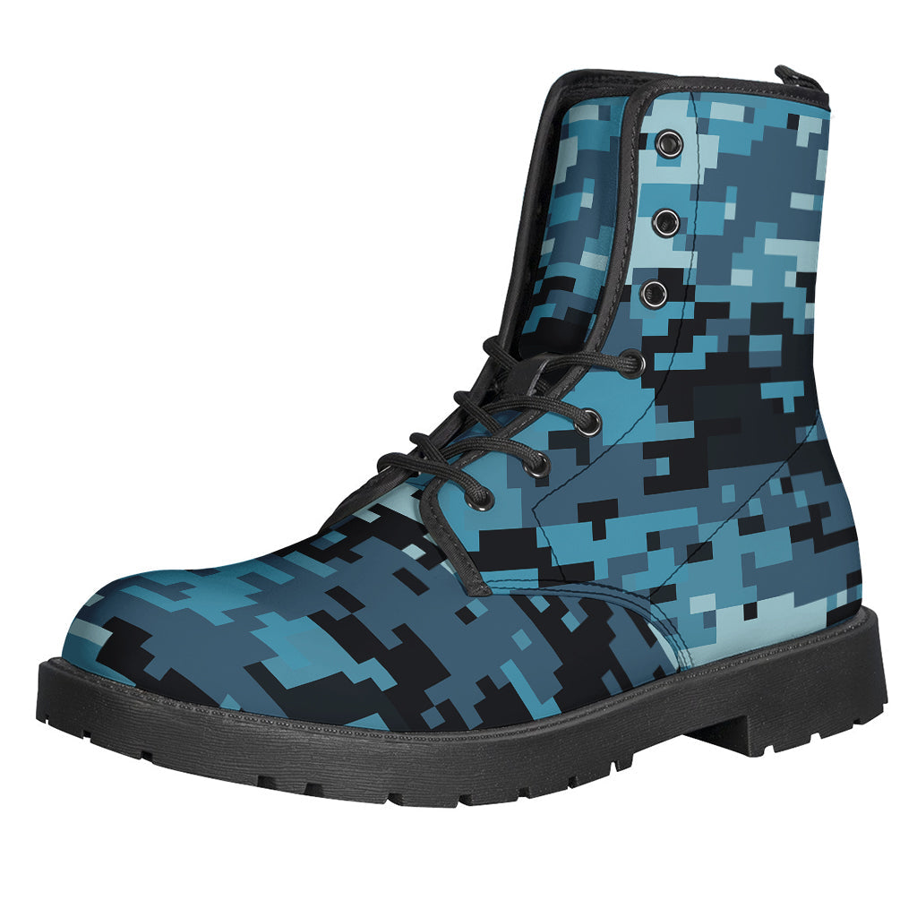 Step out in Style with Blue and Black Digital Camo Print Leather Boots for Modern Hippies - 1