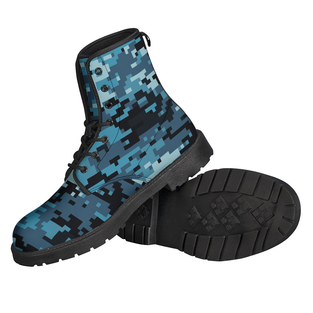 Step out in Style with Blue and Black Digital Camo Print Leather Boots for Modern Hippies - 2