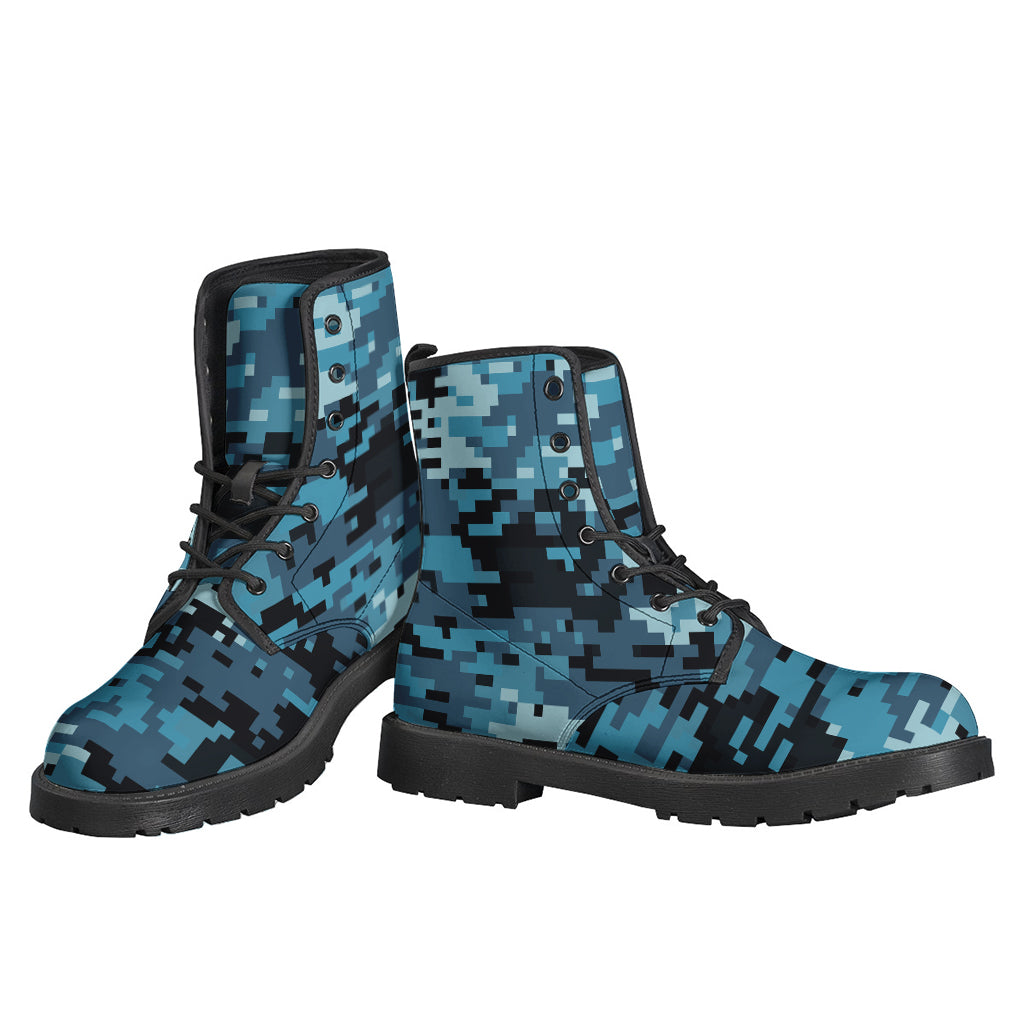 Step out in Style with Blue and Black Digital Camo Print Leather Boots for Modern Hippies - 3