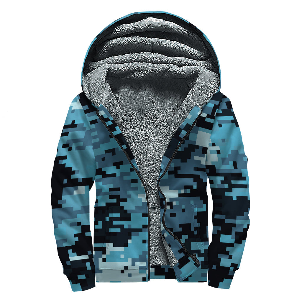 Boho Bliss: Blue and Black Digital Camo Print Sherpa Lined Zip Up Hoodie - 1