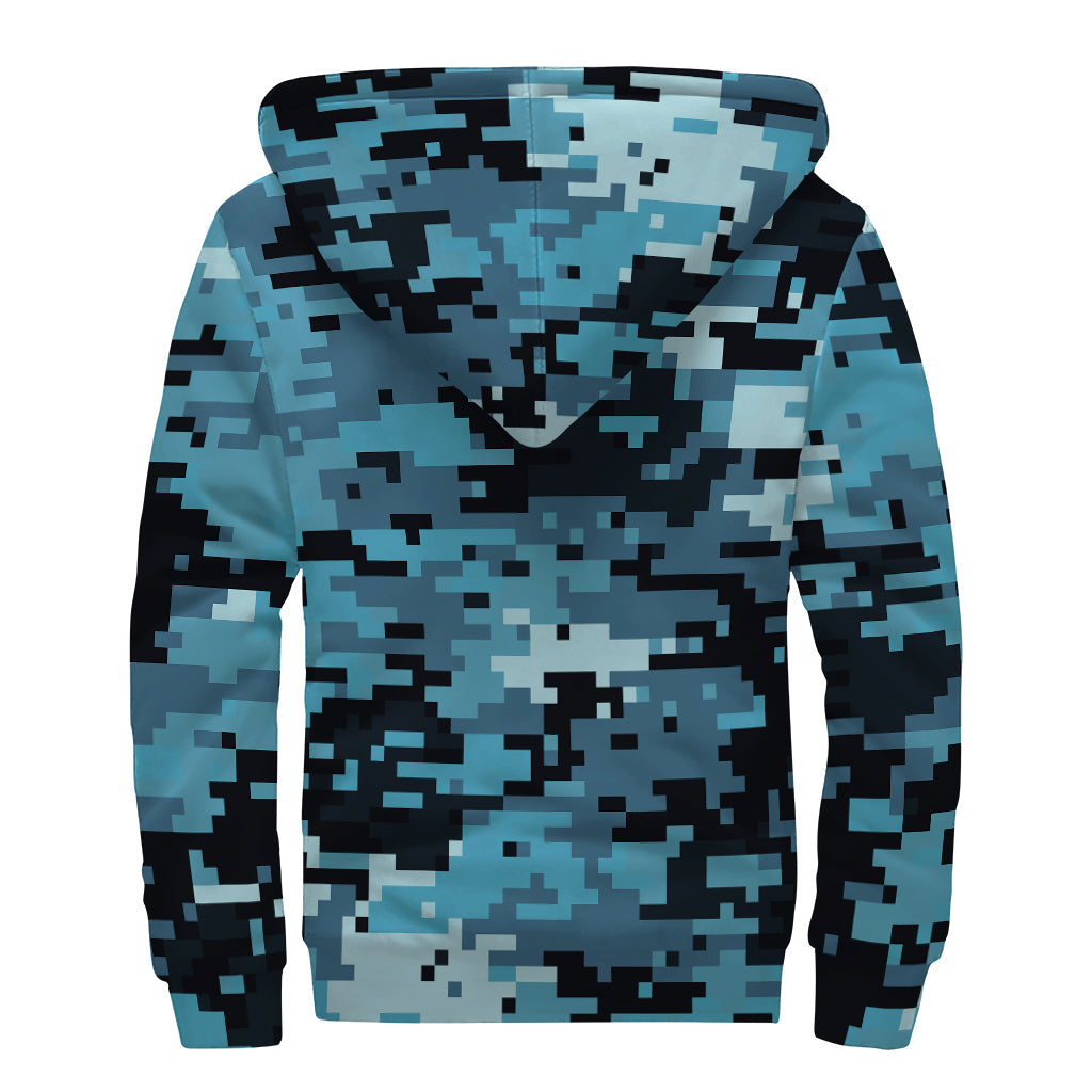 Boho Bliss: Blue and Black Digital Camo Print Sherpa Lined Zip Up Hoodie - 2