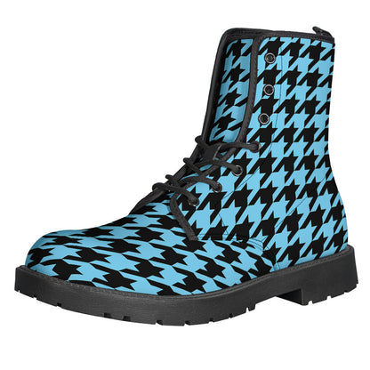 Step into the Groove with Blue and Black Houndstooth Leather Boots for Hippies - 1