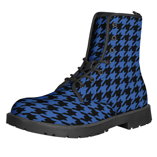 Groovy Vibes: Blue and Black Houndstooth Print Leather Lightweight Boots - 1