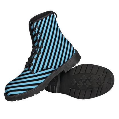 Blue and Black Stripes Pattern Print Leather Boots for Groovy Hippies - 2