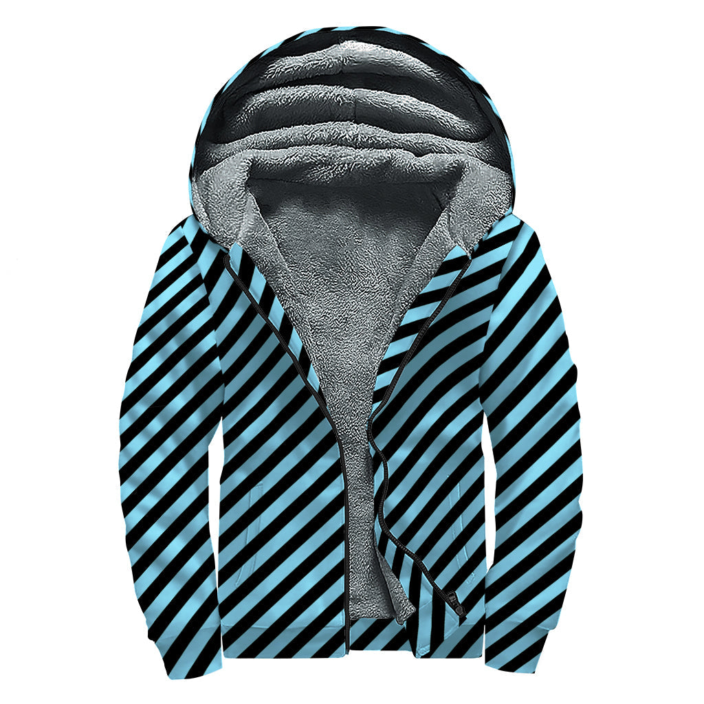 Blue and Black Stripes Pattern Printed Hippie Sherpa Lined Zip Up Hoodie - 1