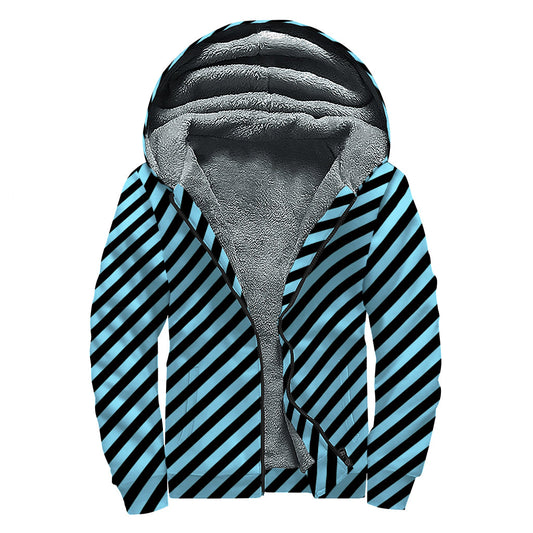 Blue and Black Stripes Pattern Printed Hippie Sherpa Lined Zip Up Hoodie - 1