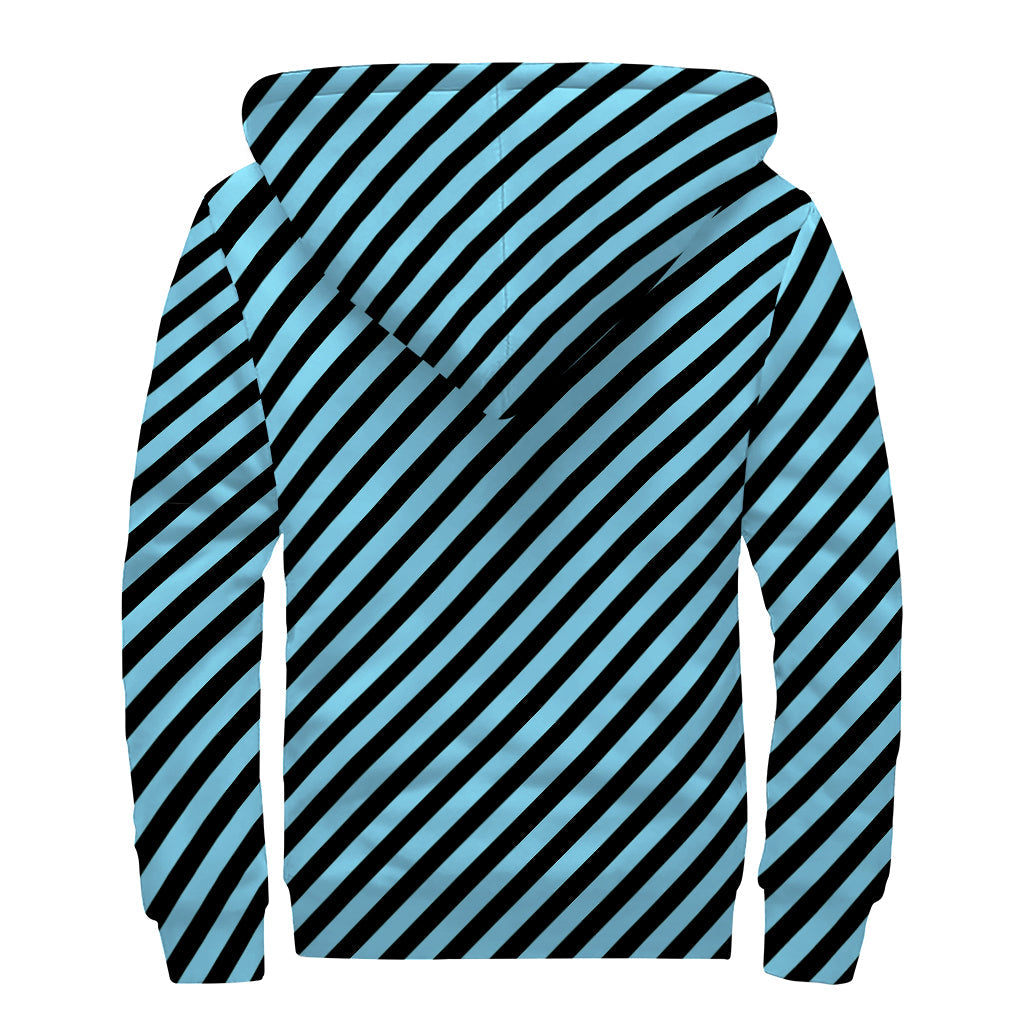 Blue and Black Stripes Pattern Printed Hippie Sherpa Lined Zip Up Hoodie - 2