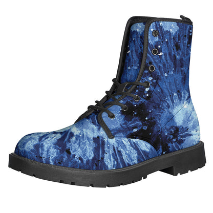 Groovy Vibes: Blue and Black Tie-Dye Leather Lightweight Boots for Hippies - 1