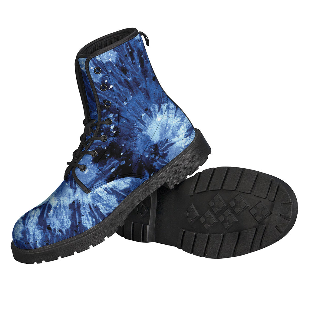 Groovy Vibes: Blue and Black Tie-Dye Leather Lightweight Boots for Hippies - 2