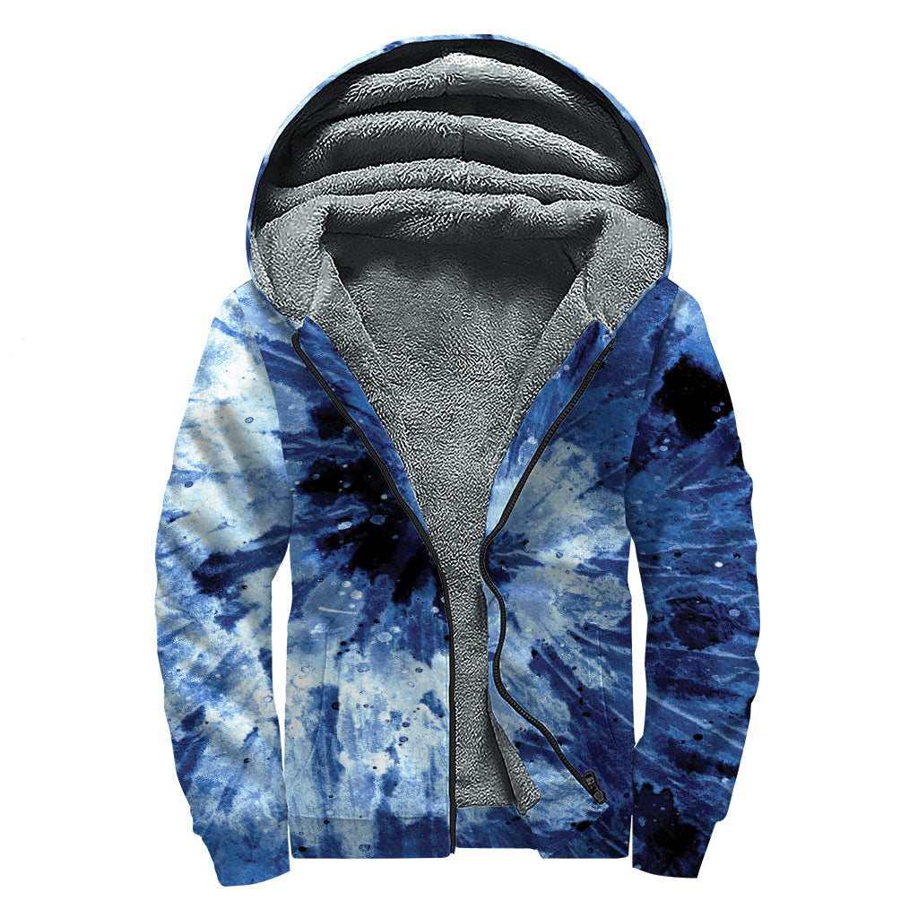 Peaceful Vibes: Blue and Black Tie Dye Sherpa Lined Hoodie - 1