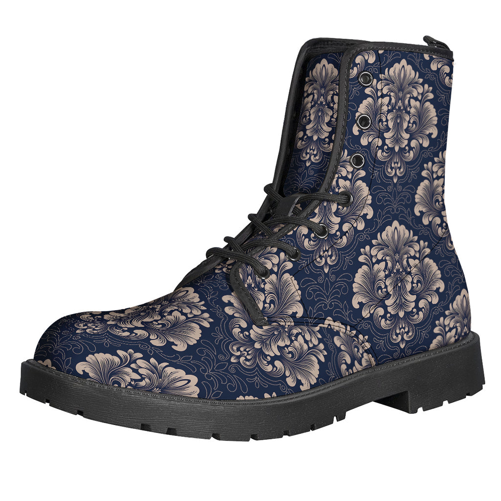 Groovy Blue and Brown Damask Pattern Leather Boots for Free-Spirited Hippies - 1