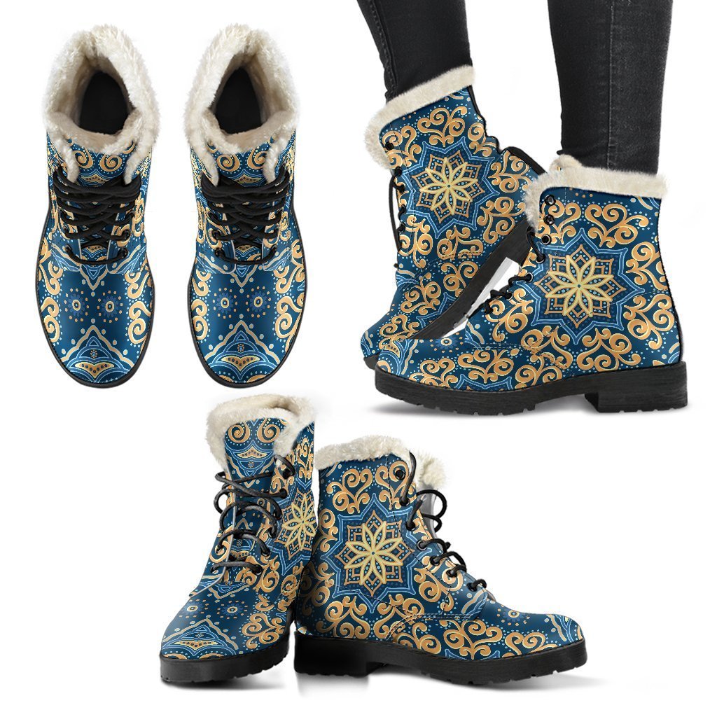 Blue and Gold Bohemian Mandala Faux Fur Leather Boots for the Ultimate Hippie Style - 2