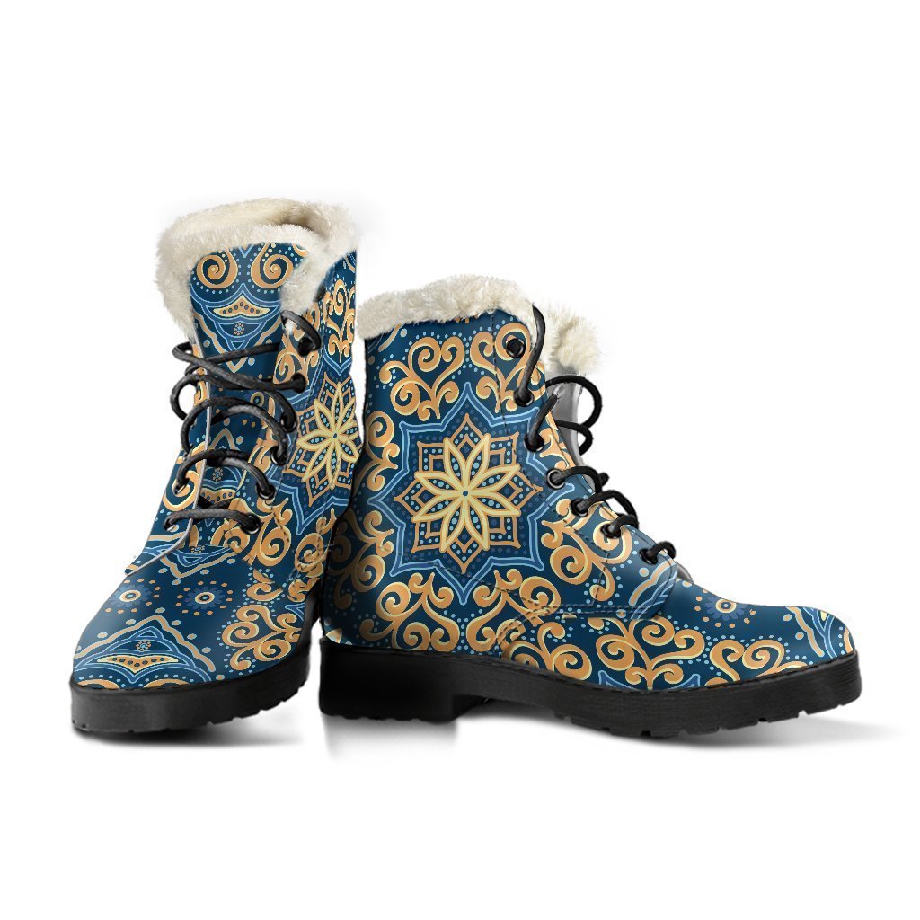 Blue and Gold Bohemian Mandala Faux Fur Leather Boots for the Ultimate Hippie Style - 3