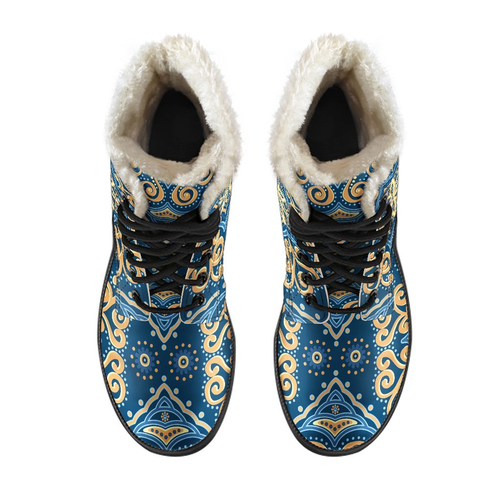 Blue and Gold Bohemian Mandala Faux Fur Leather Boots for the Ultimate Hippie Style - 4