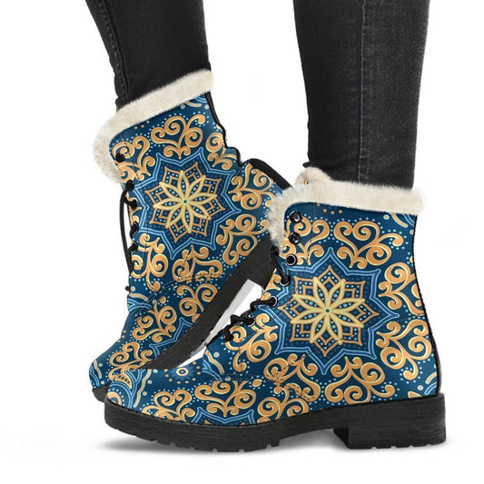 Blue and Gold Bohemian Mandala Faux Fur Leather Boots for the Ultimate Hippie Style - 1