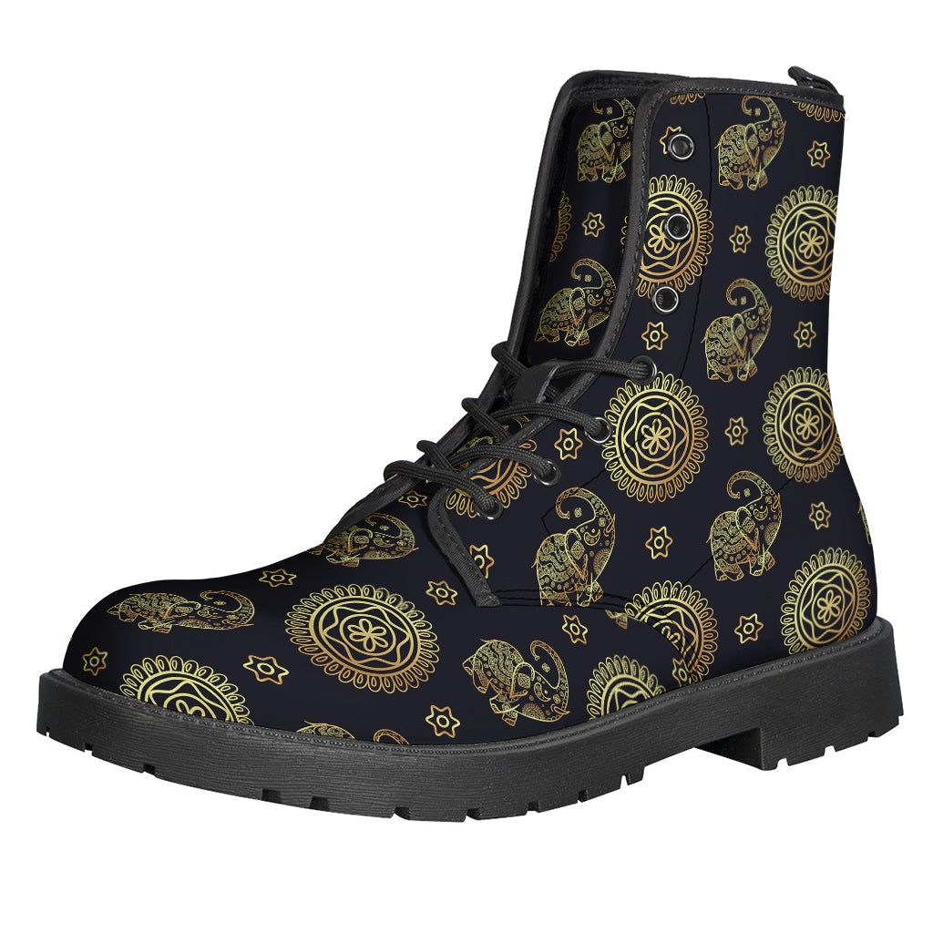 Blue and Gold Tribal Elephant Print Leather Boots for Hippies with Style - 1