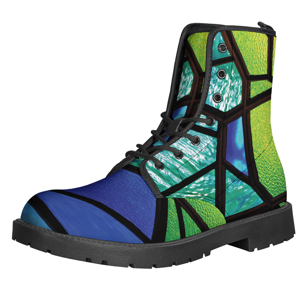 Groovy Blue and Green Stained Glass Print Leather Boots for the Modern Hippie - 1