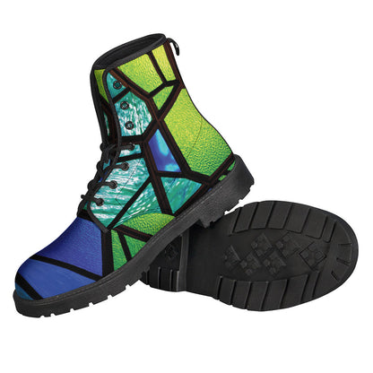 Groovy Blue and Green Stained Glass Print Leather Boots for the Modern Hippie - 2