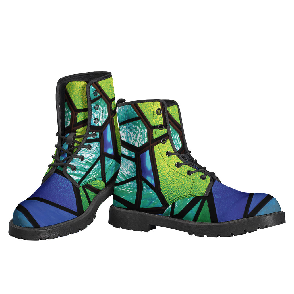 Groovy Blue and Green Stained Glass Print Leather Boots for the Modern Hippie - 3