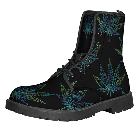 Groovy Green and Blue Weed Leaf Leather Boots for Hippies - 1