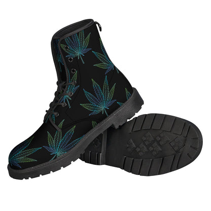 Groovy Green and Blue Weed Leaf Leather Boots for Hippies - 2