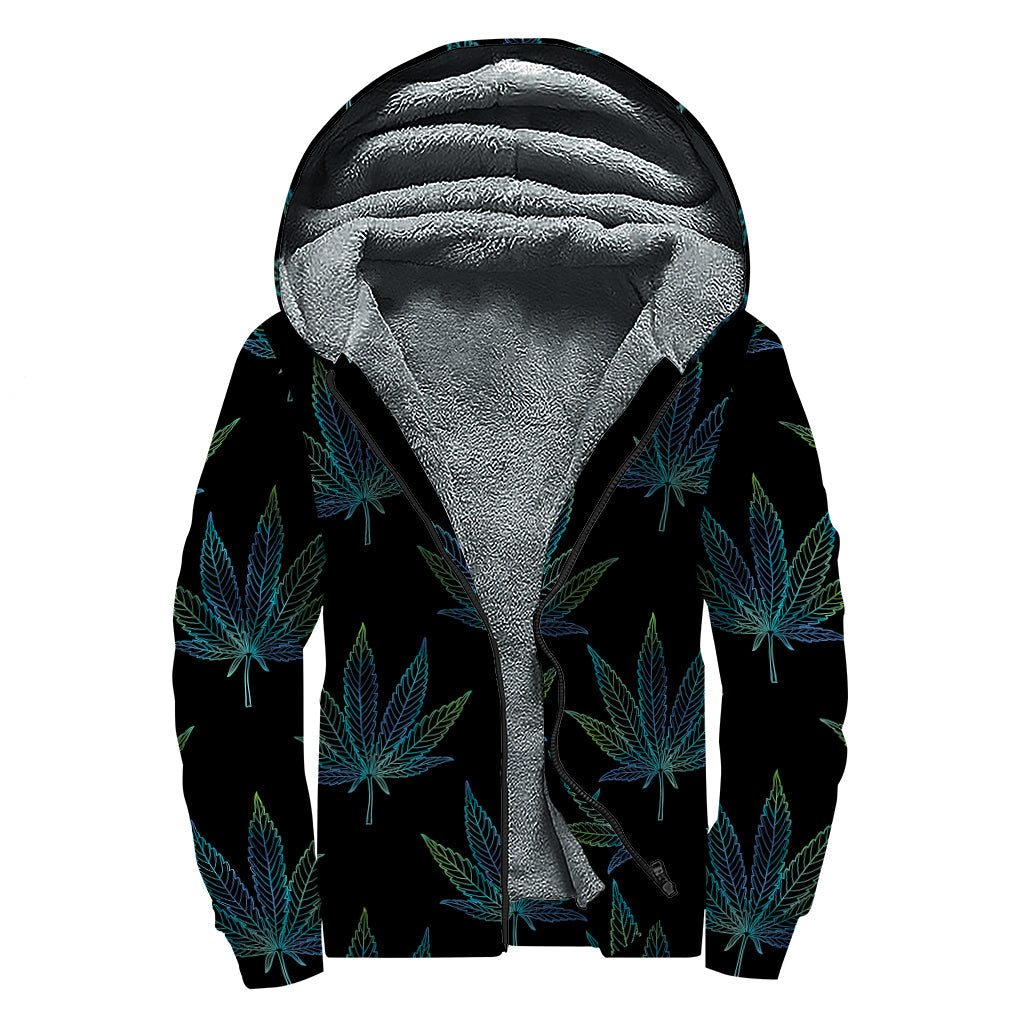 Blue and Green Weed Leaf Pattern Print Sherpa Lined Zip Up Hoodie - Get Cozy and Groovy! - 1