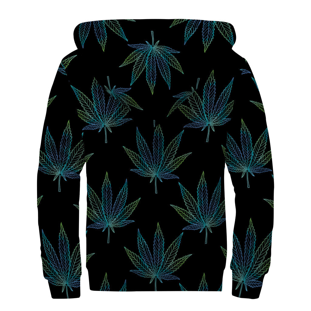 Blue and Green Weed Leaf Pattern Print Sherpa Lined Zip Up Hoodie - Get Cozy and Groovy! - 2