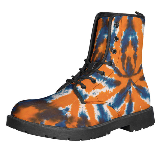 Groovy Blue and Orange Spider Tie Dye Leather Lightweight Boots for the Modern Hippie - 1