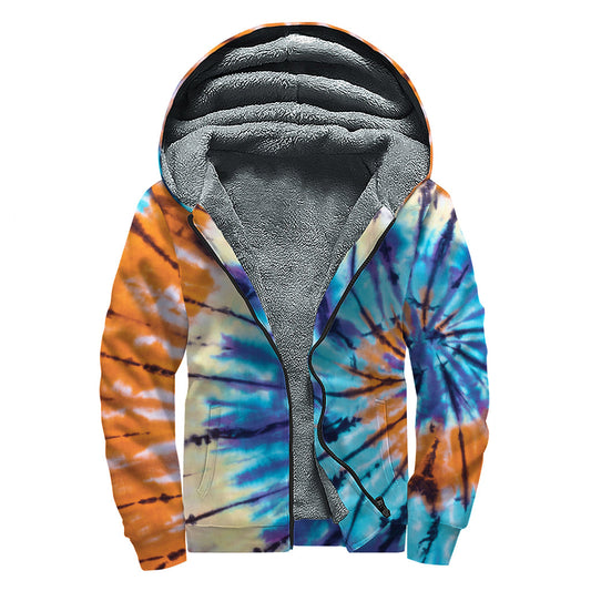 Groovy Vibes: Blue and Orange Tie Dye Sherpa Lined Zip Up Hoodie for Peaceful Hippies - 1