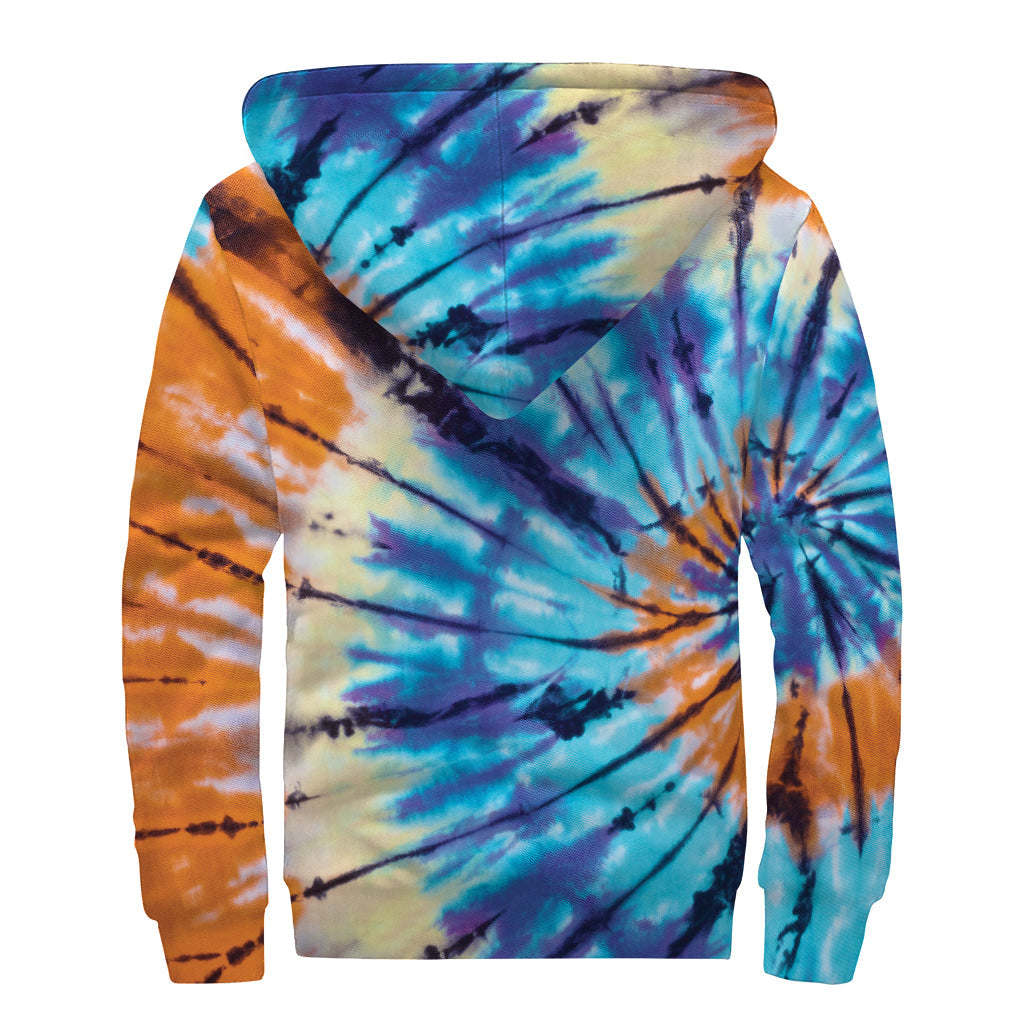 Groovy Vibes: Blue and Orange Tie Dye Sherpa Lined Zip Up Hoodie for Peaceful Hippies - 2