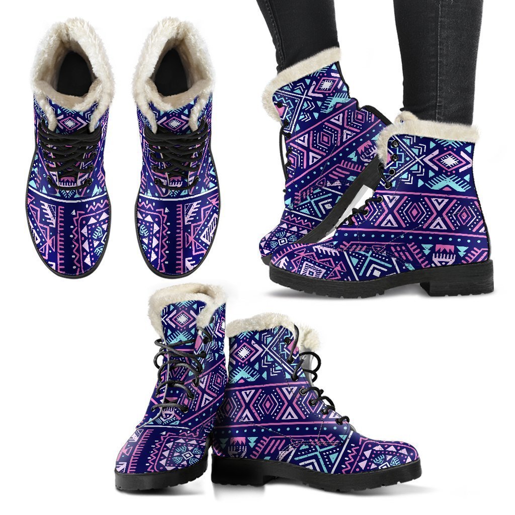 Boho Chic: Blue and Pink Aztec Pattern Faux Fur Leather Boots for Hippies - 2