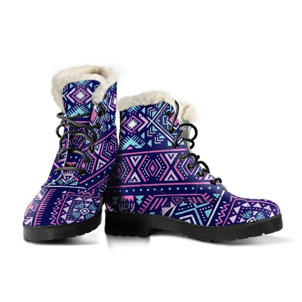 Boho Chic: Blue and Pink Aztec Pattern Faux Fur Leather Boots for Hippies - 3